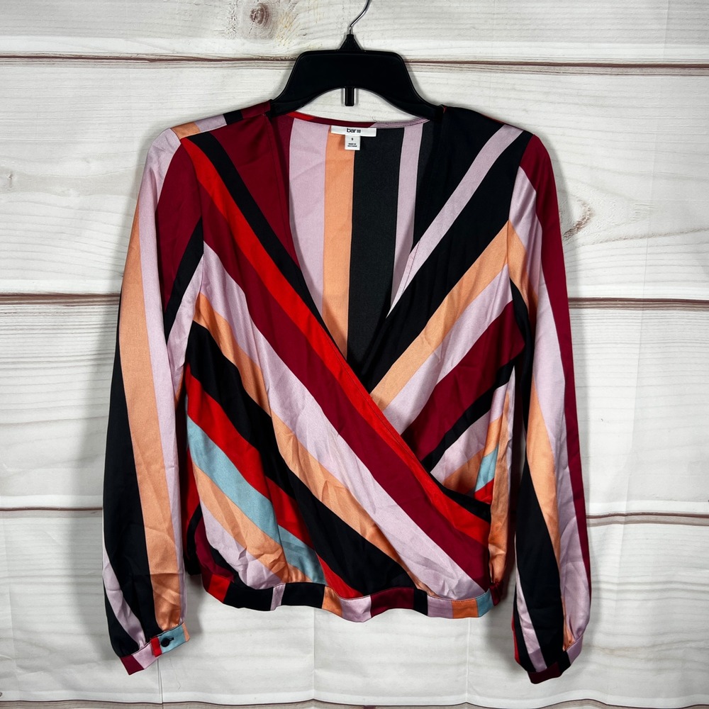 Bar III Satin Blouse Womens Small Multicolor‎ Striped Long Sleeve Faux Wrap Crop